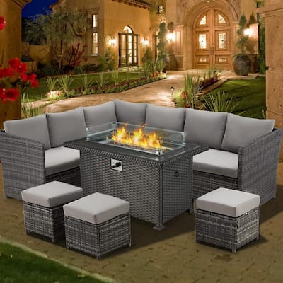 7-Piece Wicker Patio Fire Pit Set with Gray Cushions, 50,000 BTU Auto-Ignition Gas Brown Fire Table w/Wind Guard