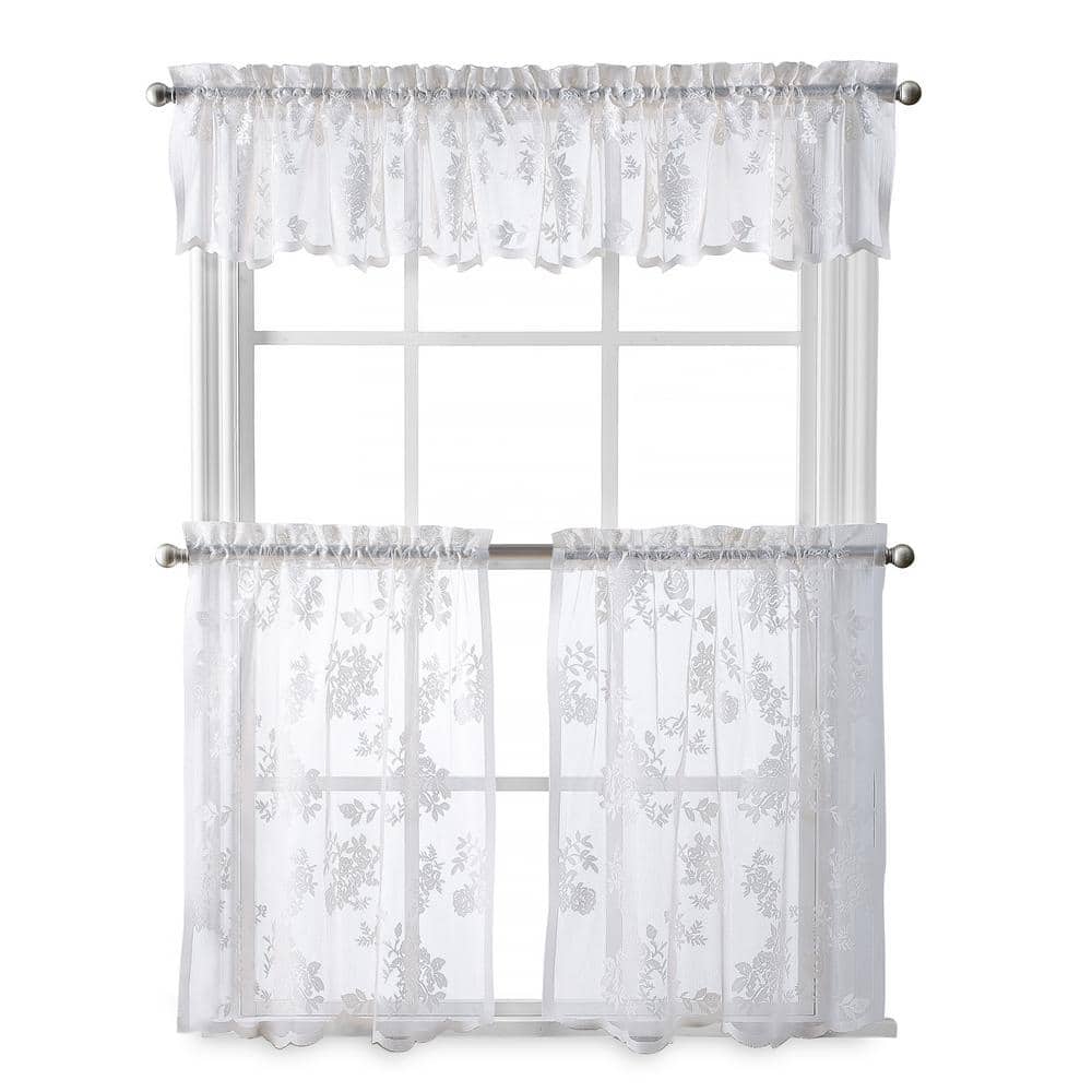 White Floral Lace Sheer Rod Pocket Tier Curtains, 56"x36"