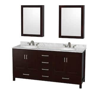 Sheffield 72 in. W x 22 in. D x 35 in. H Double Bath Vanity in Espresso with White Carrara Marble Top and MC Mirrors