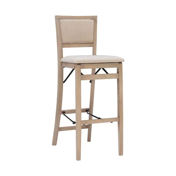 Keira 30.75 in. Seat height Gray-wash High back Wood frame Folding Barstool with Beige Polyester seat 1 stool