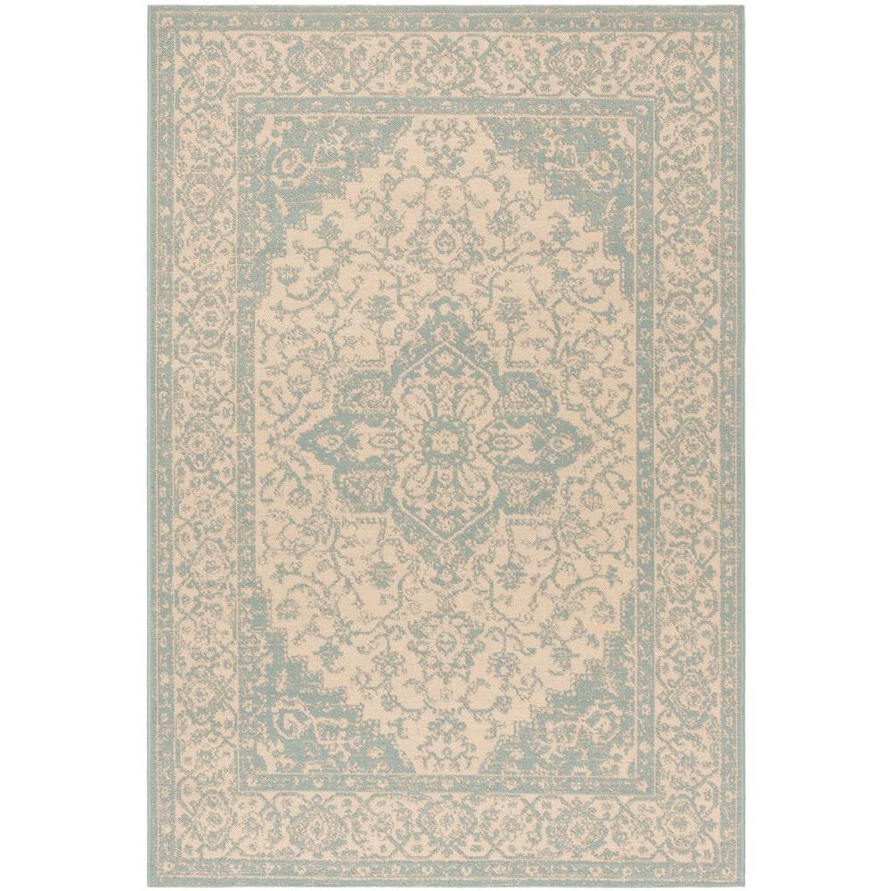 Cream and Aqua Medallion Synthetic Indoor/Outdoor Rug, 3' x 5'