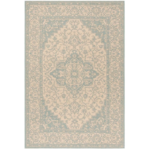 Beach House Cream/Aqua Doormat 3 ft. x 5 ft. Border Floral Indoor/Outdoor Area Rug