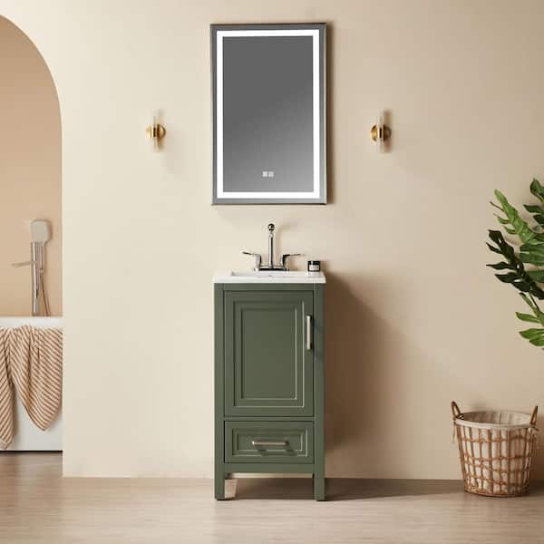 18 in. W Solid Wood Bath Vanity in Green with White Ceramics Top, Assembled