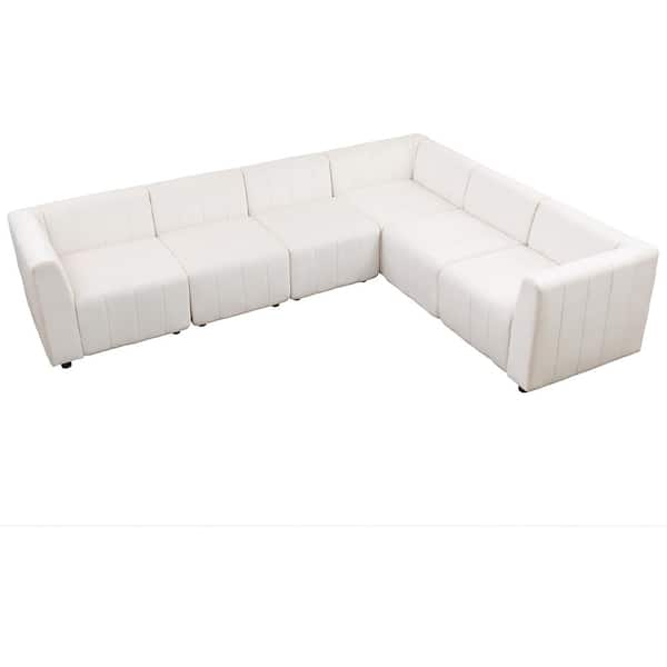 Unbranded Russelle 120 in Straight Arm 6-Piece Microfiber L-Shaped Sectional Sofa in White