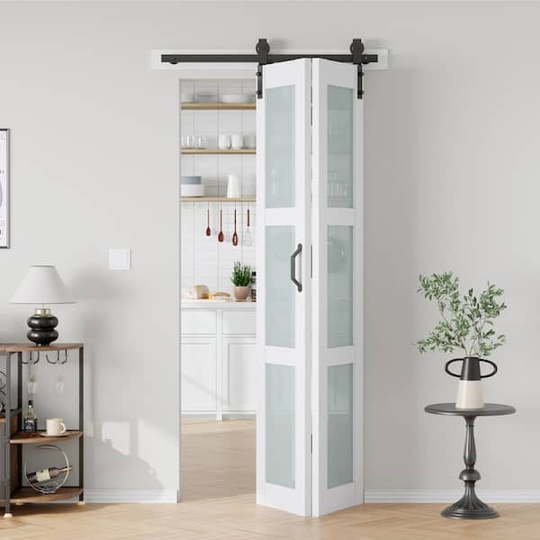 36 in. x 84 in. 3/4 Lite Frosted Glass Solid Core MDF White PVC Bi-fold Door with Hardware