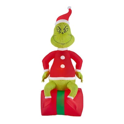 9.5 ft Pre-Lit LED Airblown Dr. Seuss Fuzzy Plush Grinch on Present Christmas Inflatable