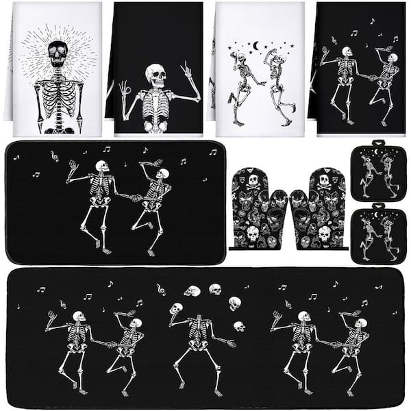 10-Piece Halloween Skeleton Baking Accessory, Gothic Oven Mitts, Pot Holders, Towels and Rugs for Baking & Cooking