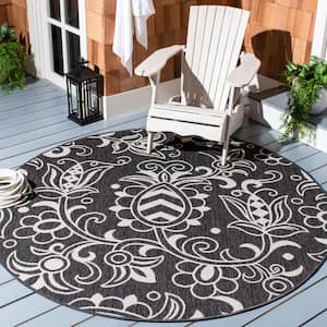 Beach House Black/Light Gray 7 ft. x 7 ft. Round Abstract Medallion Indoor/Outdoor Area Rug