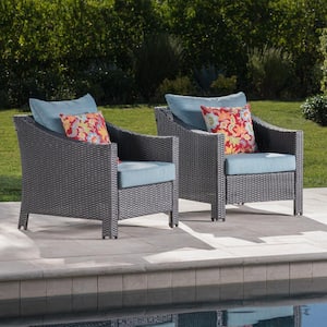 Antibes Gray Faux Rattan Outdoor Patio Club Lounge Chairs with Teal Cushions (2-Pack)