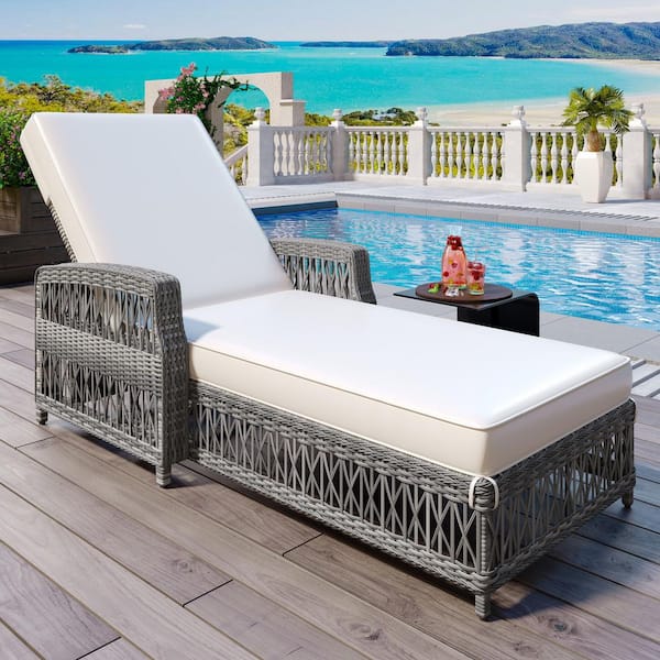 Cesicia 1-Piece Rattan Wicker Outdoor Patio Chaise Lounge Adjustable Recliner with Armrests and Soft Removable Beige Cushions