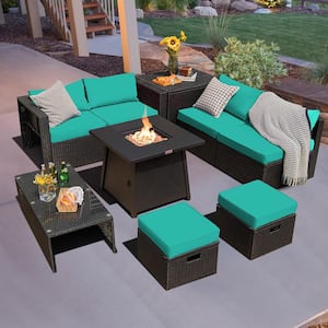 9-Piece Wicker Furniture Patio Conversation Set Fire Pit SpaceSaving with Cover Turquoise Cushion Cover