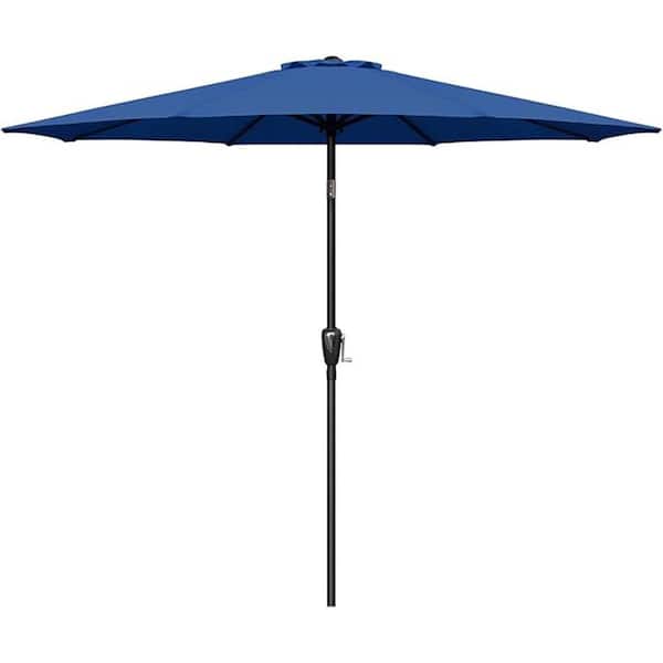 9 ft. Stainless Steel Button Tilt Market Patio Umbrella in Blue with Crank and 8 Sturdy Ribs for Garden, Deck, Lawn