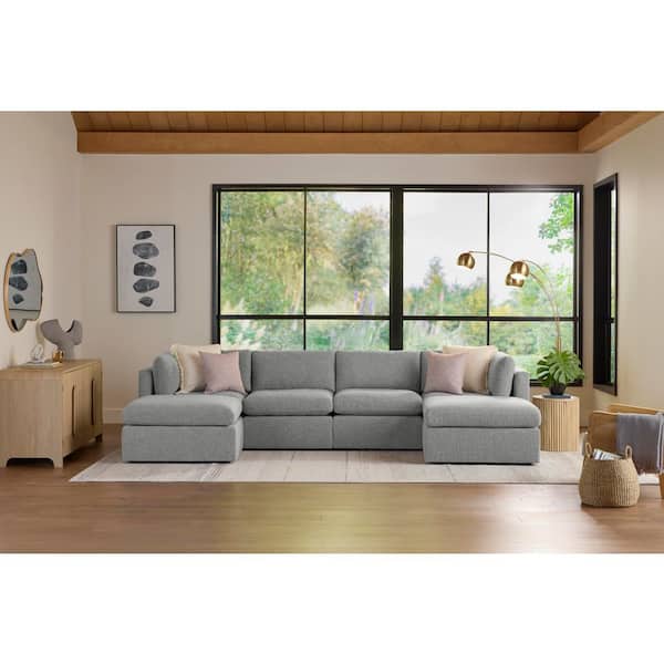 Thornton 136 in. Modular Track Arm Performance Fabric 6-Piece U Shaped Sectional Sofa in Grey