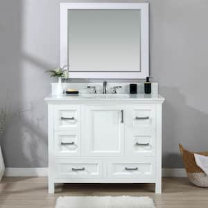 Isla 42 in. Single Bathroom Vanity in White with Composite Stone Vanity Top in Carrara with White Basin and Mirror