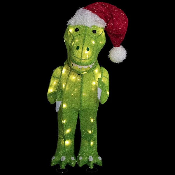 LED Lighted Tinsel Santa T-Rex Dinosaur Outdoor Christmas Decoration-30 in. -Warm White