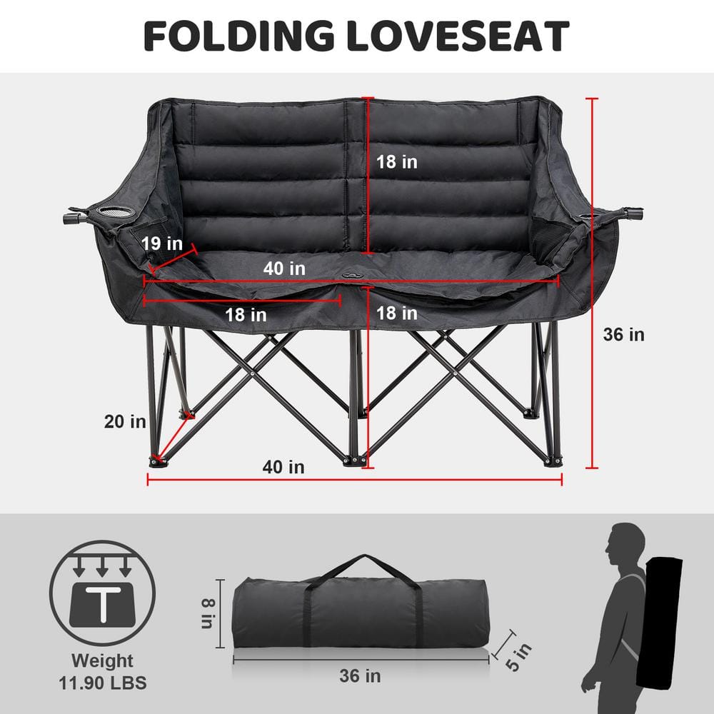 XXXL Black Polyester Double Camping Chair with Arms and Storage Bag