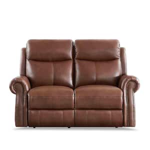 Royce 64 in. Pecan Solid Leather 2-Seater Power Recline Loveseat with Built-in USB-Ports