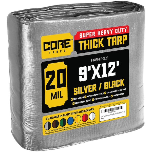 CORE TARPS 9 ft. x 12 ft. Silver/Black 20 Mil Heavy Duty Polyethylene Tarp, Waterproof, UV Resistant, Rip and Tear Proof
