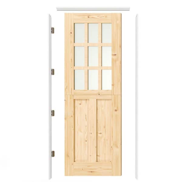 32 in. x 80 in. Universal 9-Lite Frosted Glass Pine Wood Interior Dutch Door, Split Door Slab with Split Jamb, Hinge
