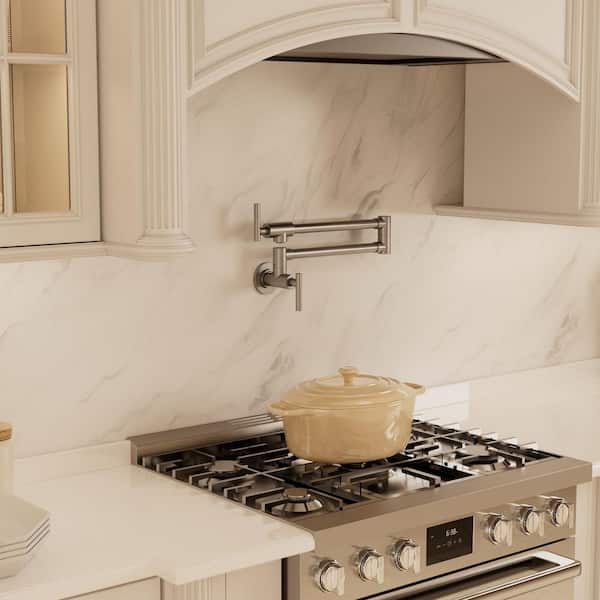 Wall‑Mounted Pot Filler Faucet with Dual Handles, 360° Swivel Foldable Spout, 2.5 GPM in Brushed Nickel