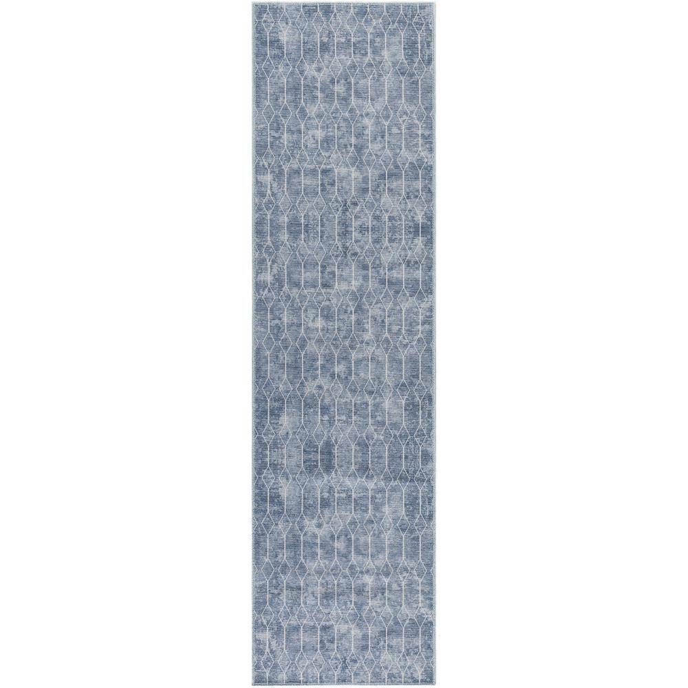 Navy Blue Geometric Synthetic Indoor/Outdoor Runner Rug