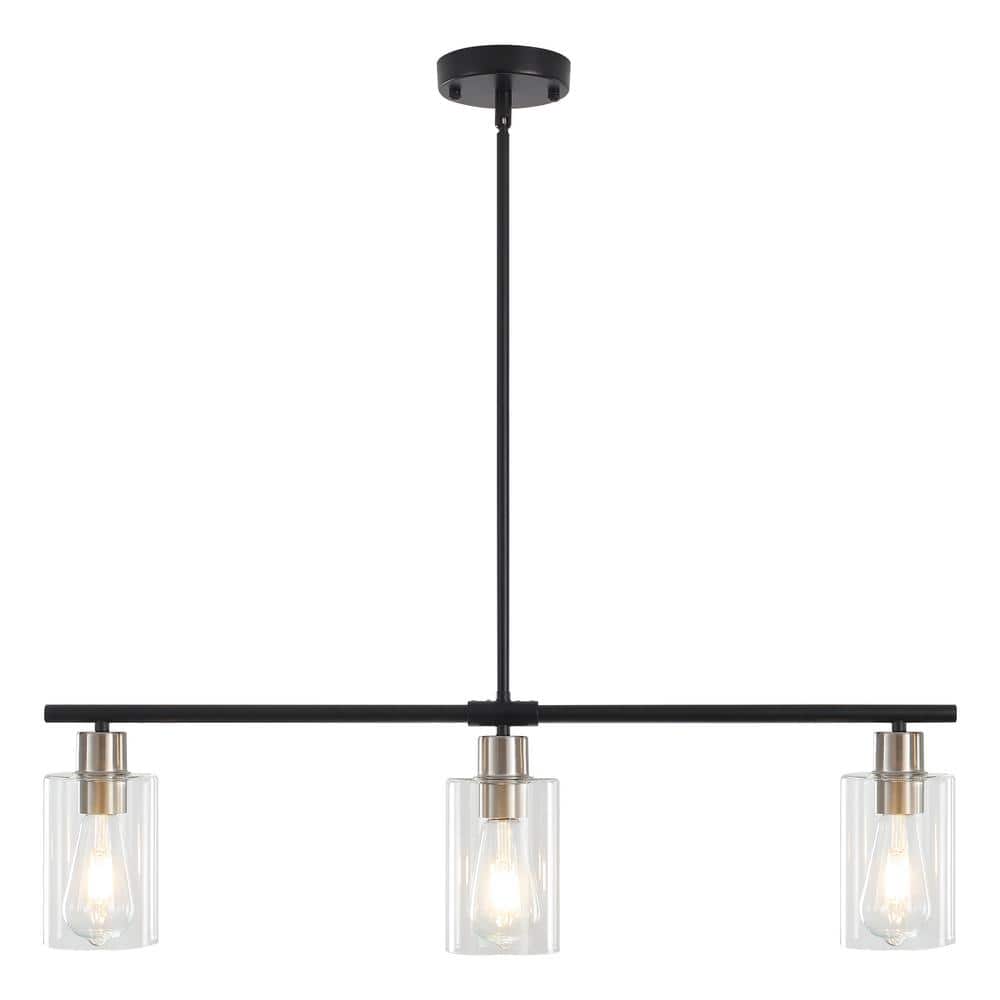 3-Light Black and Nickel Rustic Linear Chandelier for Kitchen Island with C