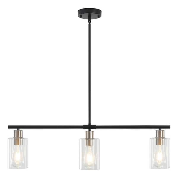 ADSENSTY 3-Light Black and Nickel Rustic Linear Chandelier for Kitchen Island with Clear Glass Shades