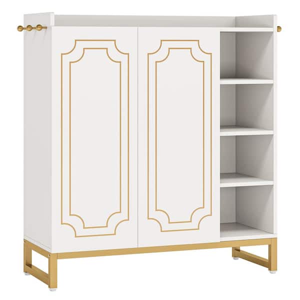 TRIBESIGNS WAY TO ORIGIN 39.4 in. H x 34.3 in. W White and Gold Wood Shoe Storage Cabinet with Doors and 4-Open Storage Shelves