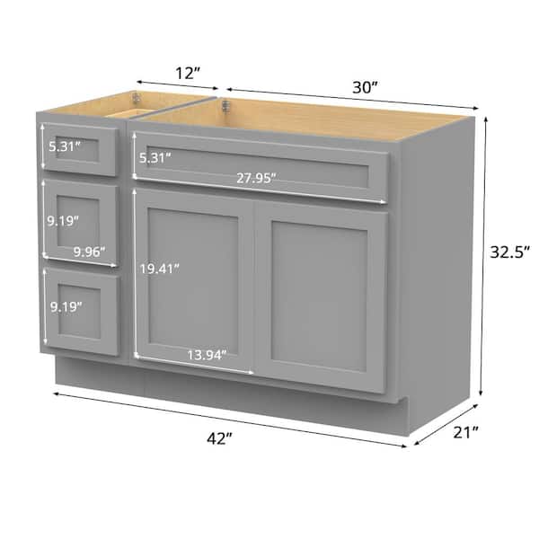 Vanity Art 42 in. W x 21 in. D x 32.5 in. H Bath Vanity Cabinet without Top in Gray