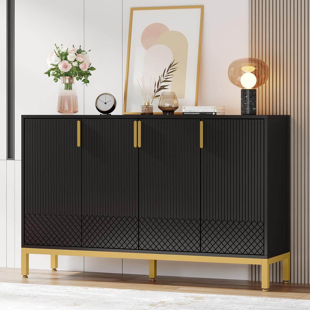 Brenda Black Storage Cabinet with 4 Doors Sideboard Buffet Cabinet for Dining Room
