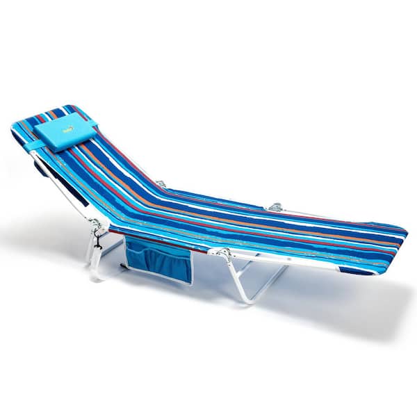 Clihome Outdoor Metal Frame Blue Stripe Beach Chair Lounge Chair with Footrest and Side Pocket