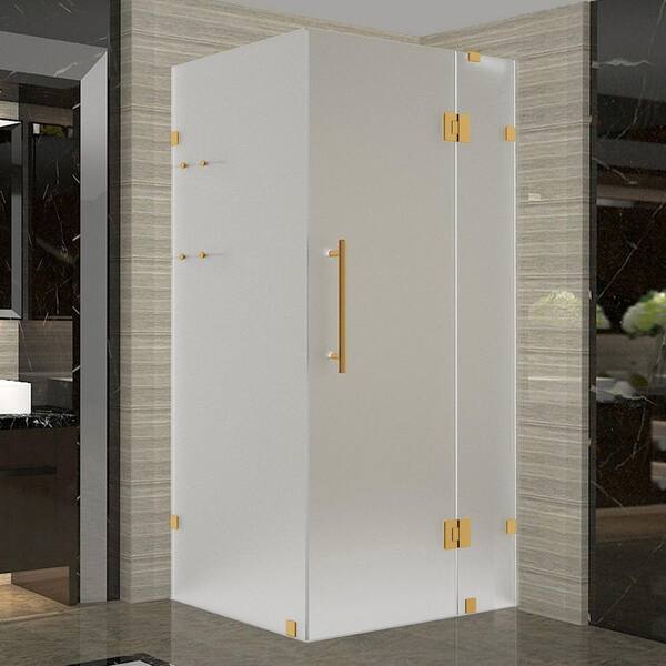 Avalux GS 33 in. x 32 in. x 72 in. Rectangular Pivot Frameless Corner Shower Enclosure Brushed Gold with Frosted Glass
