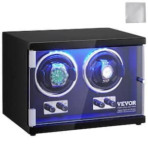Dual Watch Winder with 2-Super Quiet Mabuchi Motors, Blue LED Light and Adapter, High-Density Board Shell and Black PU
