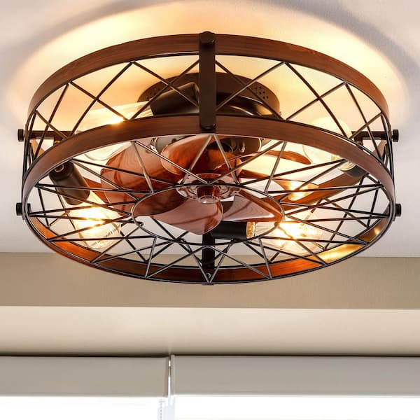 20 in. 4-Light indoor Wood Grain Farmhouse Caged Low Profile Ceiling Fan Flush Mount Remote Control with Bulbs Included