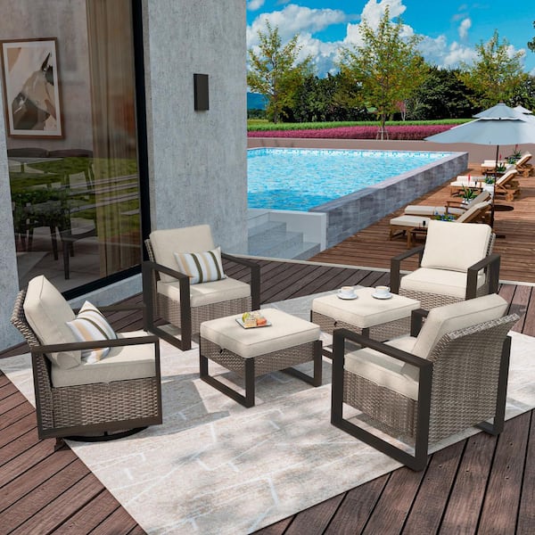 MeetLeisure 6-Piece Wicker Outdoor Sectional Set Patio Conversation 3-seat Sofa 2 Chairs with Beige Cushions