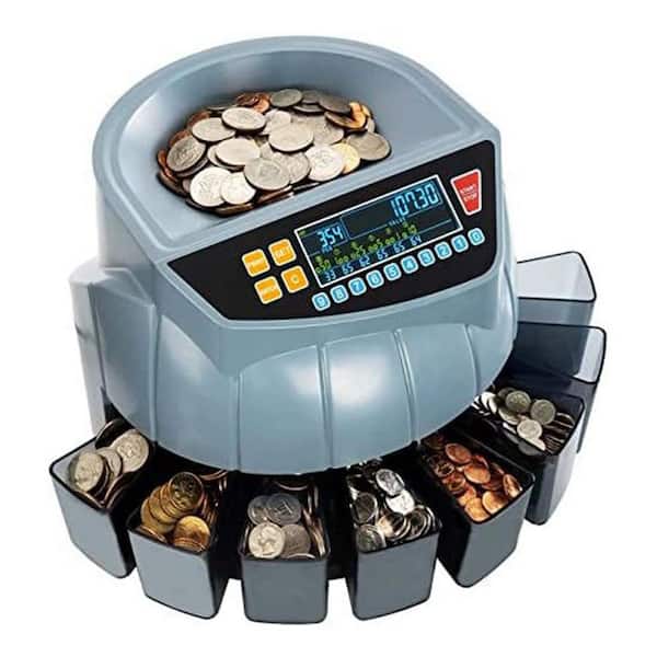 Coin Counter and Sorter Machine for 1¢ to Dollar with 250 Coins/Min Speed, 6 Bins and Tubes Roller, Batch Mode