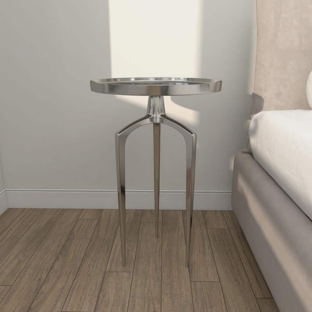 Contemporary Silver Metal Round Side Table with Curved Tripod Base