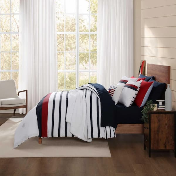 トミーヒルフィガー　クィーンサイズ　掛け布団 Tommy Hilfiger Tommy Classic Stripe 3-Piece White/Red/Navy Blue