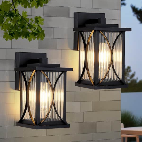 9.5 in. Black Outdoor Hardwired Wall Lantern Scone with No Bulbs Included (2-Pack)