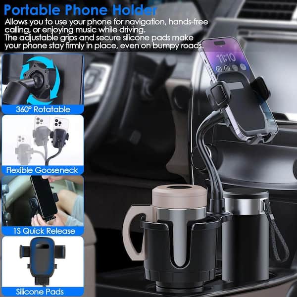 Etokfoks 2-in-1 Car Cup 360° Rotating Gooseneck Phone Holder Automotive Drink Holder in Black Adjustable Base Fit