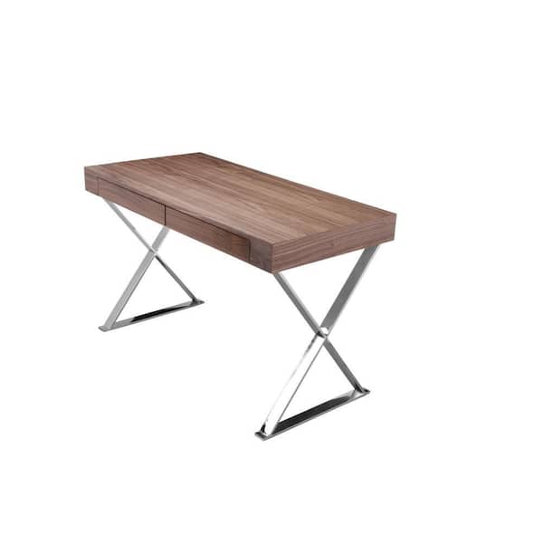 Benjara Rix 24 in. Rectangular Walnut Brown Wood 2-Drawer Writing Desk with X Polished Steel Legs