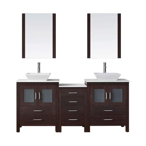 Virtu USA Dior 75 in. W Bath Vanity in Espresso with Stone Vanity Top in White with Square Basin and Mirror