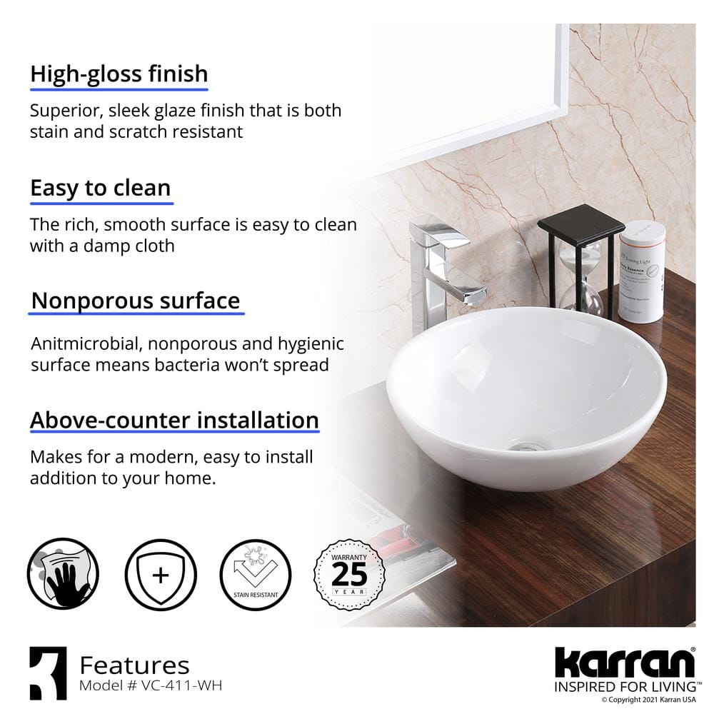 Valera 15.5" White Ceramic Round Vessel Bathroom Sink