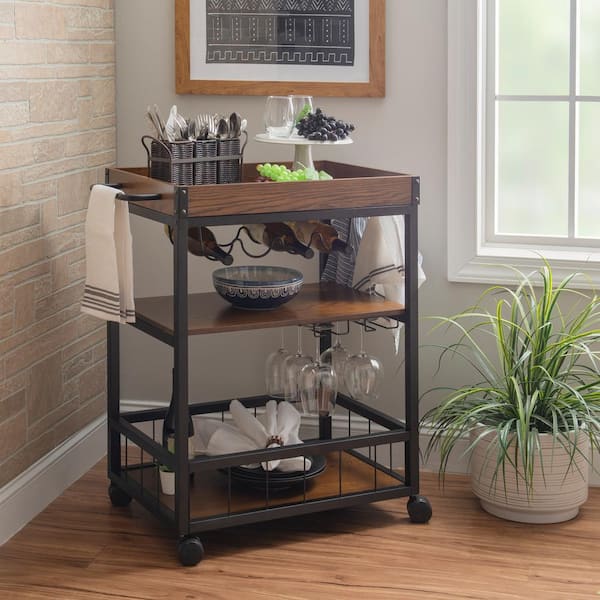 Austin Brown and Black Kitchen Bar Cart with Shelves and Wheels