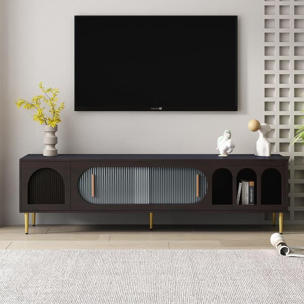 Harper & Bright Designs Modern Brown TV Stand Fits TVs up to 70 to 80 in. with Semi-open Arched Shelves and Cabinets