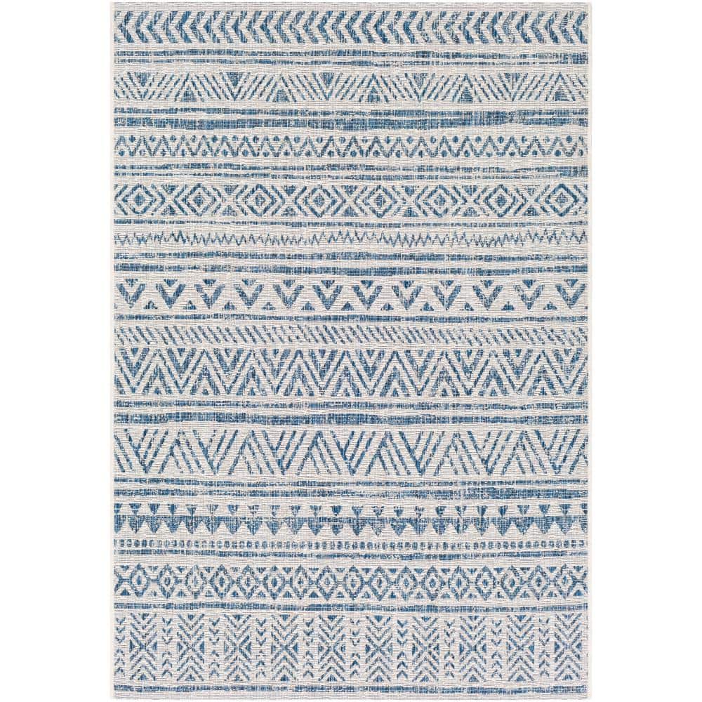 Blue and White Flat Woven Synthetic 10' x 14' Area Rug