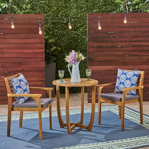 Casa 30 in. Teak Brown 3-Piece Wood Round Outdoor Patio Dining Set with Dark Grey Cushions