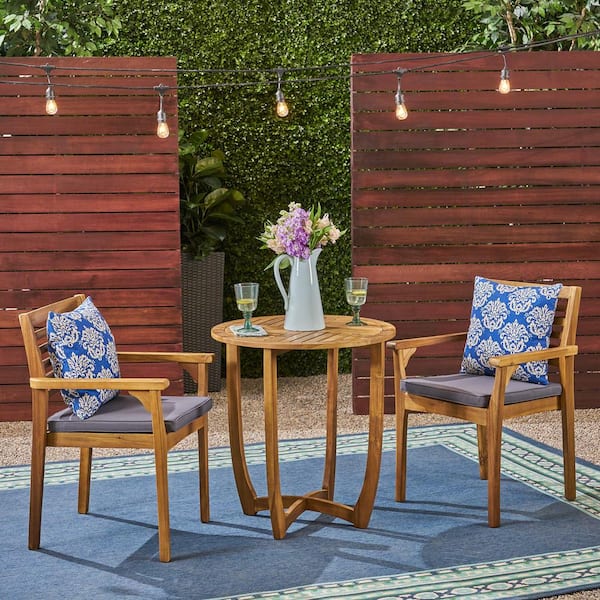 Noble House Casa 30 in. Teak Brown 3-Piece Wood Round Outdoor Patio Dining Set with Dark Grey Cushions
