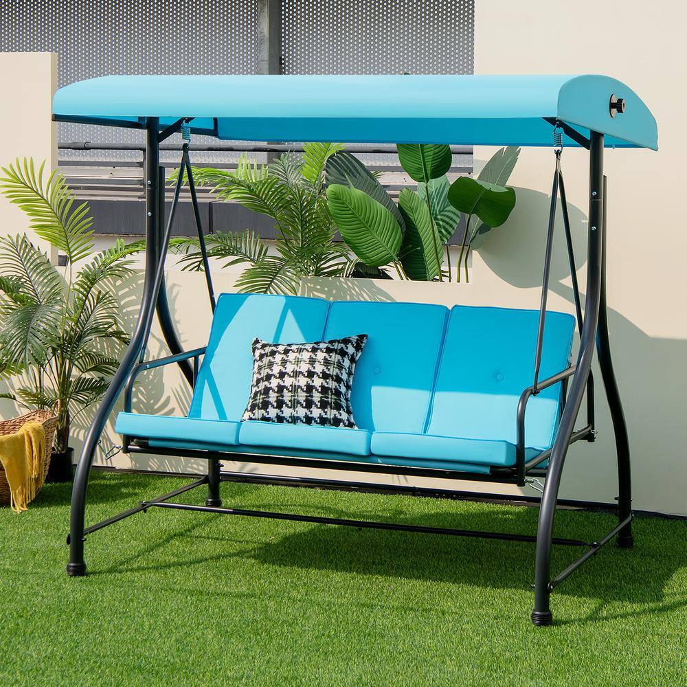 Sky Blue 3-Seat Outdoor Swing with Adjustable Canopy