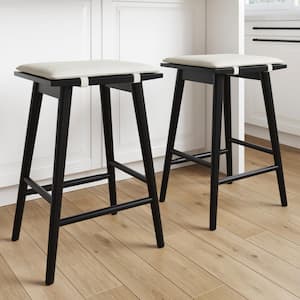 Barker 25 in. Counter Height Wood Bar Stool w/ Upholstered Cushion, Backless Island Stool, Cream Boucle/Black, Set of 2